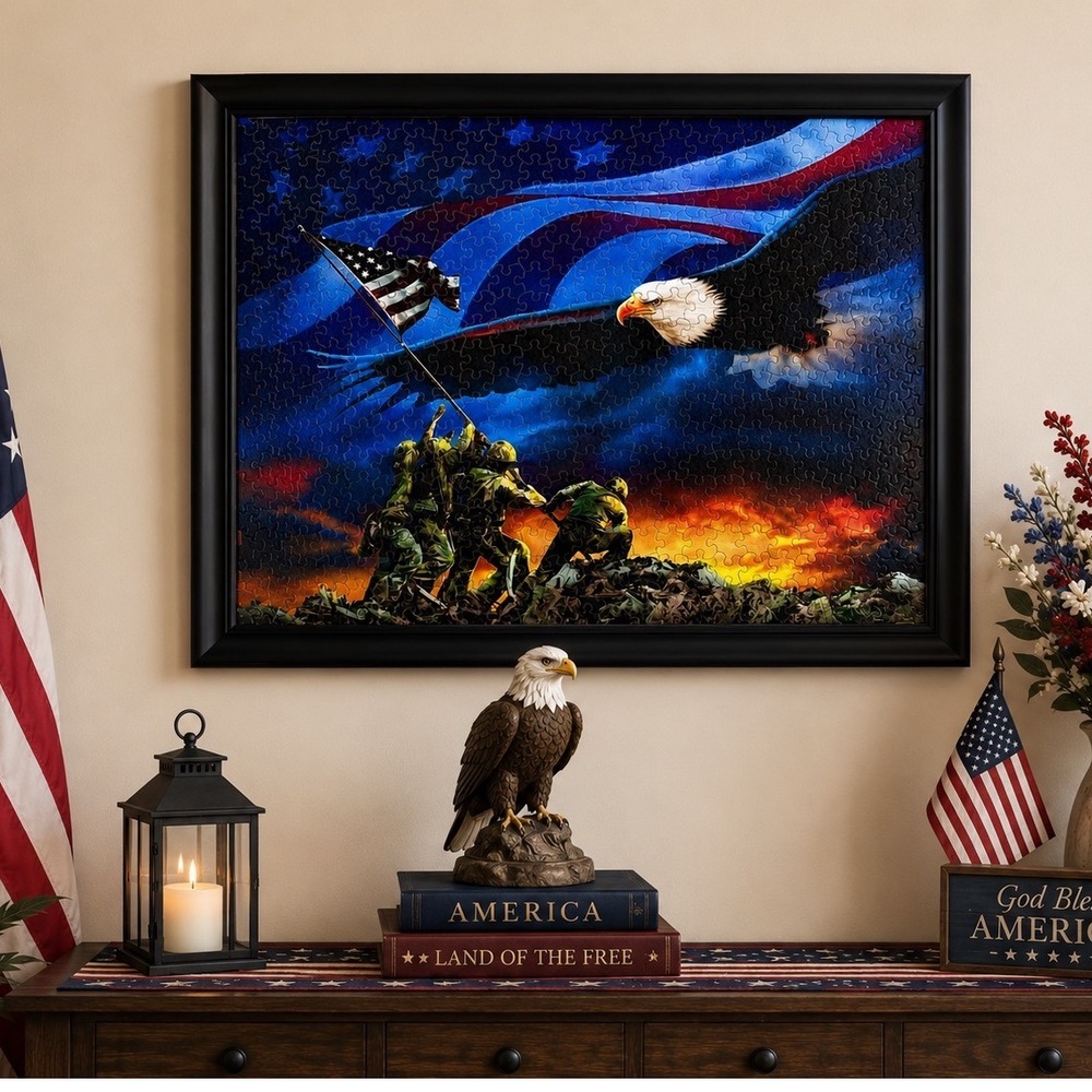 Vintage SunsOut Grand Old Flag Framed Puzzle Art Eagle Patriotic Wall Decor